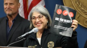 Miami-Dade County Mayor Daniella Levine Cava holds a press conference at the Emergency Operations Center on May 15, 2025 in Miami, Florida. Mayor Levine Cava held the press conference to discuss the importance of staying vigilant and preparing for the start of hurricane season, as well as potential flooding and extreme heat. 