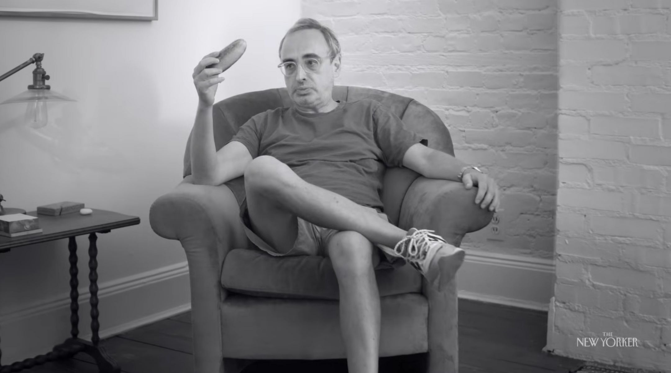 Author Gary Shteyngart holds a cucumber in the short documentary “The Man Who Got Cut Wrong.”