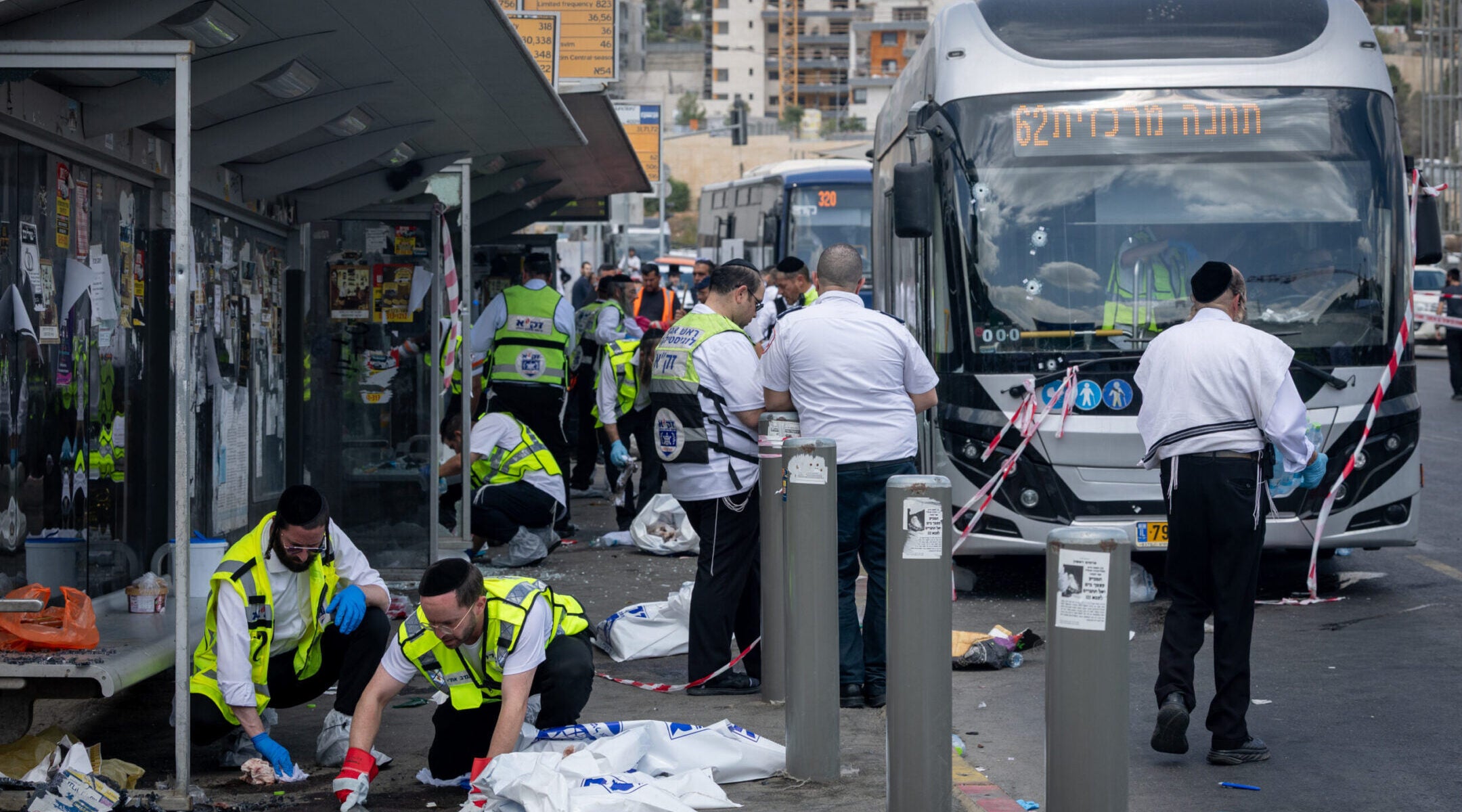 Police and rescue personnel at the scene of a terror attack at Ramot Junction, near the entrance to Jerusalem, Sept. 8, 2025.