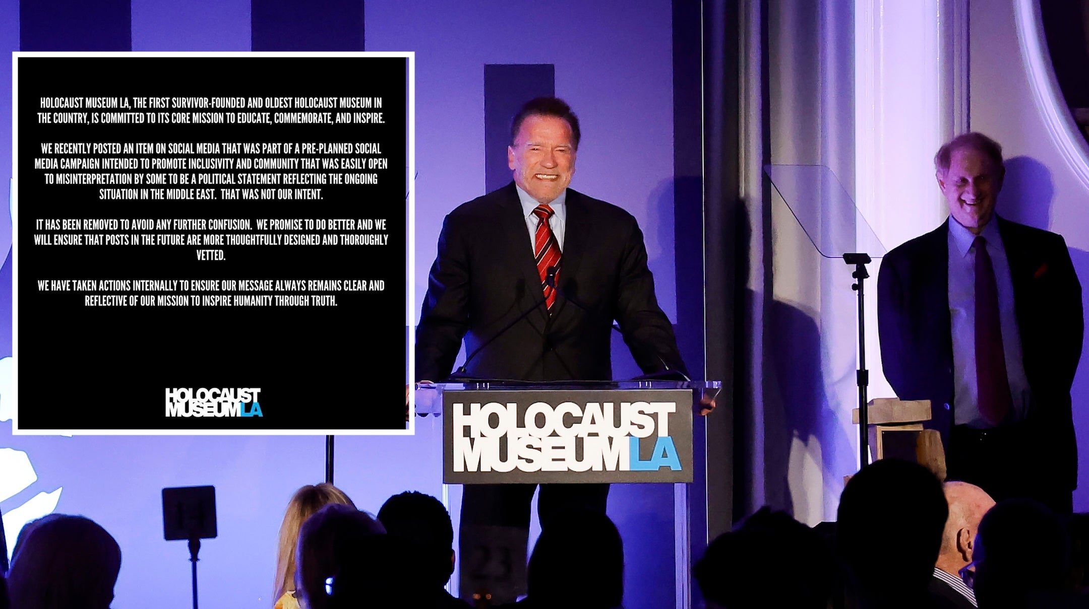 Arnold Schwarzenegger speaks during the 15th Annual Holocaust Museum LA Gala at The Beverly Hills Hotel on Nov. 6, 2023.