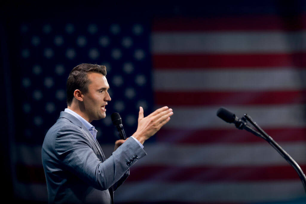 Charlie Kirk, who founded Turning Point USA, speaks before former President Donald Trump's arrival during a Turning Point USA Believers Summit conference at the Palm Beach Convention Center on July 26, 2024 in West Palm Beach, Florida. Trump had earlier in the day met with Israeli Prime Minister Benjamin Netanyahu at Mar-a-Lago. 