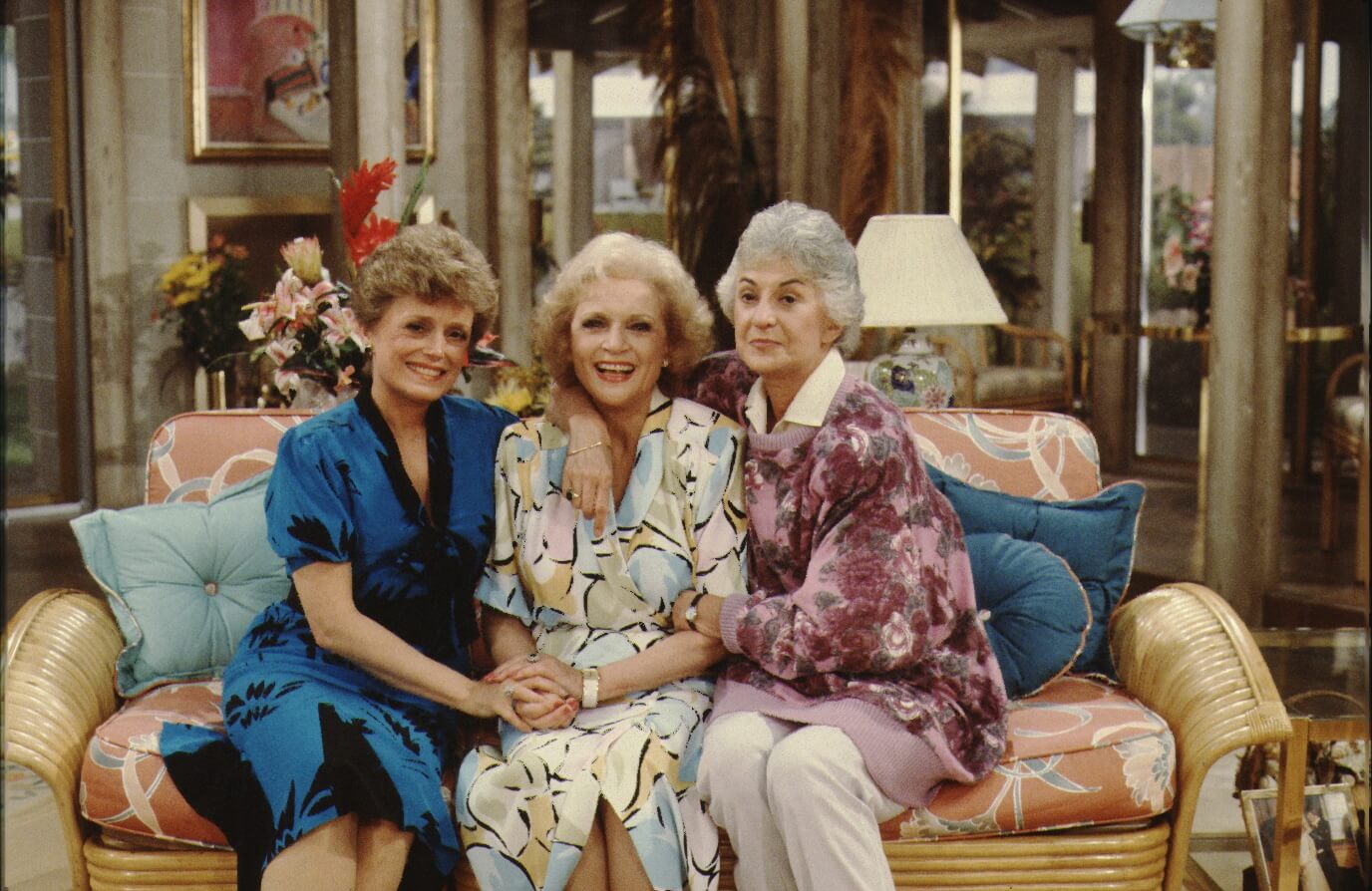 Actresses (L-R) Rue Mclanahan, Betty White, and Bea Arthur pose for a portrait on the set of the Golden Girls.