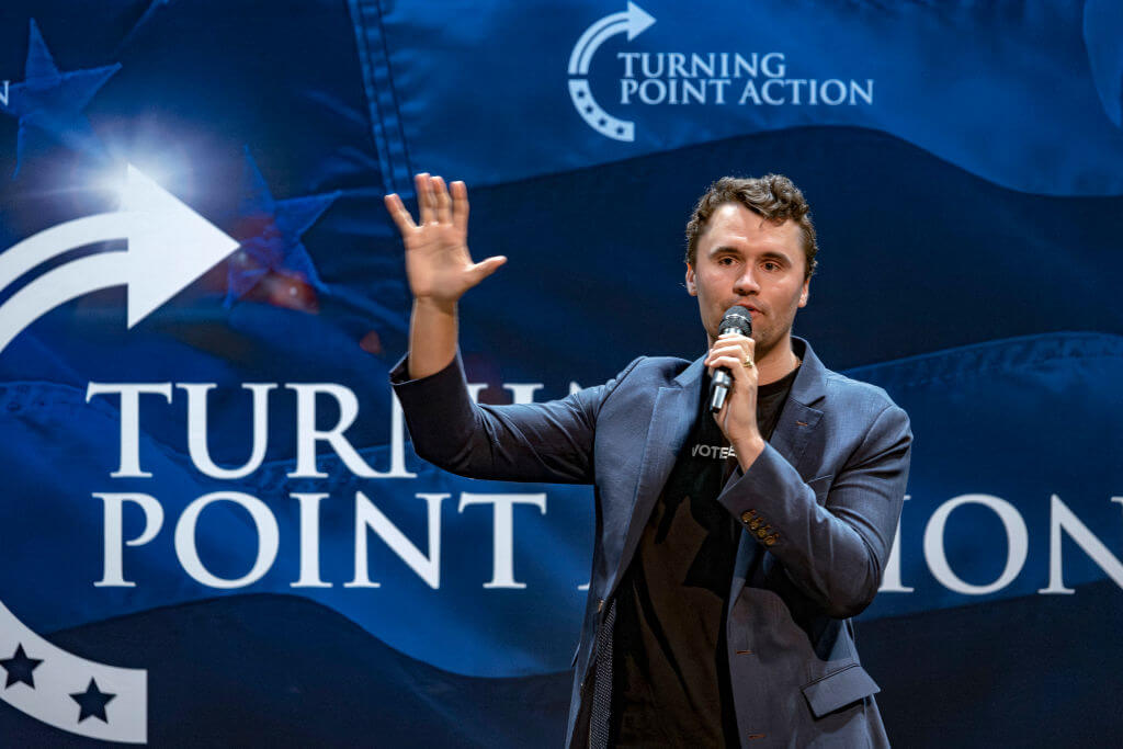 Charlie Kirk, founder of Turning Point Action, speaks during a meeting on the campus of the University of Arizona in 2024. Kirk was fatally shot on Wednesday. 