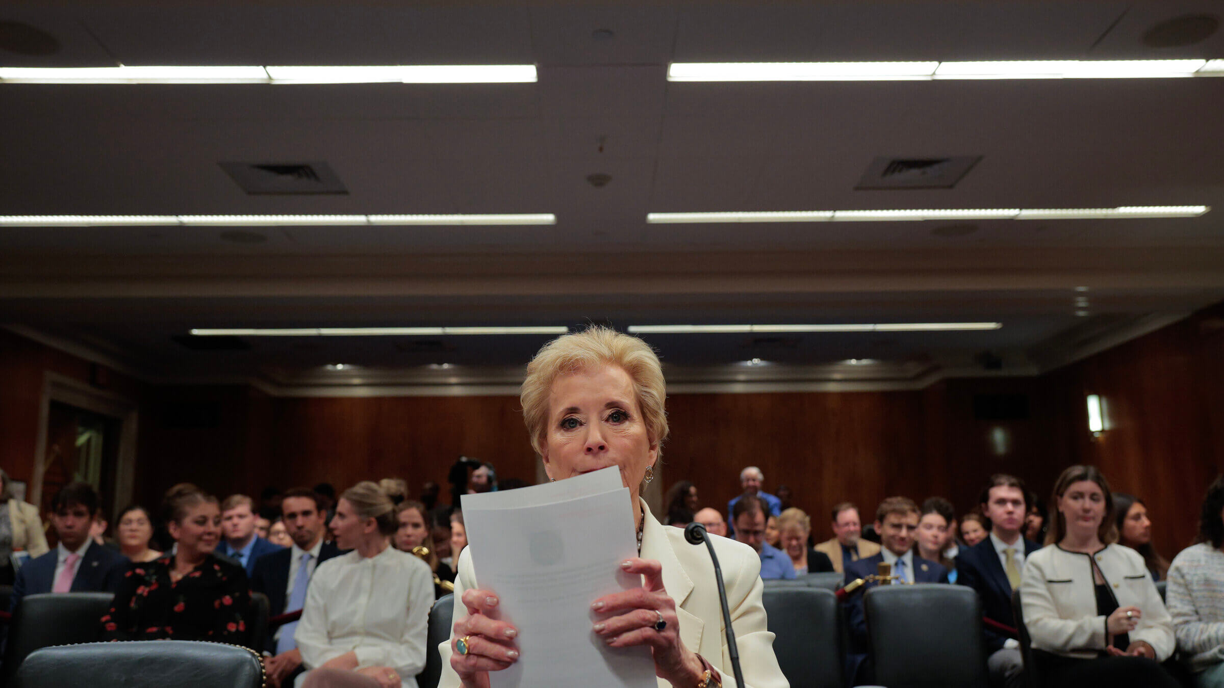 Education Secretary Linda McMahon, pictured here during a June Congressional hearing, spoke at a Federalist Society conference last week where some conservative lawyers expressed skepticism about the constitutionality of aspects of Trump administration's pressure campaign against universities.