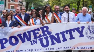 Sen. Bernie Sanders (I-VT), Gov. Kathy Hochul (D-NY), Letitia James, Attorney General of New York and New York City Democratic Mayoral Candidate Zohran Mamdani attend the New York City Labor Day parade, Sept. 6, 2025, in New York City. 