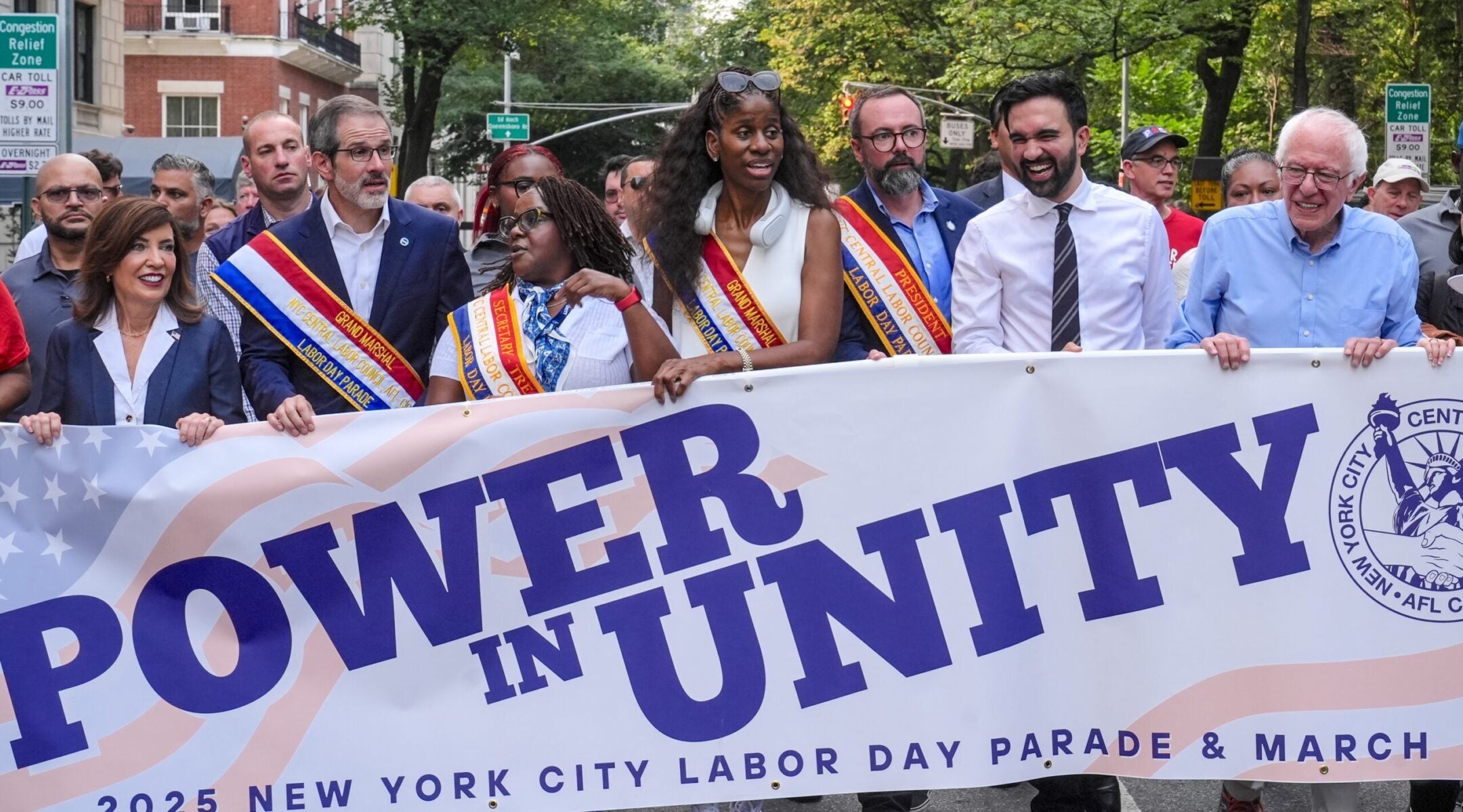 Sen. Bernie Sanders (I-VT), Gov. Kathy Hochul (D-NY), Letitia James, Attorney General of New York and New York City Democratic Mayoral Candidate Zohran Mamdani attend the New York City Labor Day parade, Sept. 6, 2025, in New York City. 