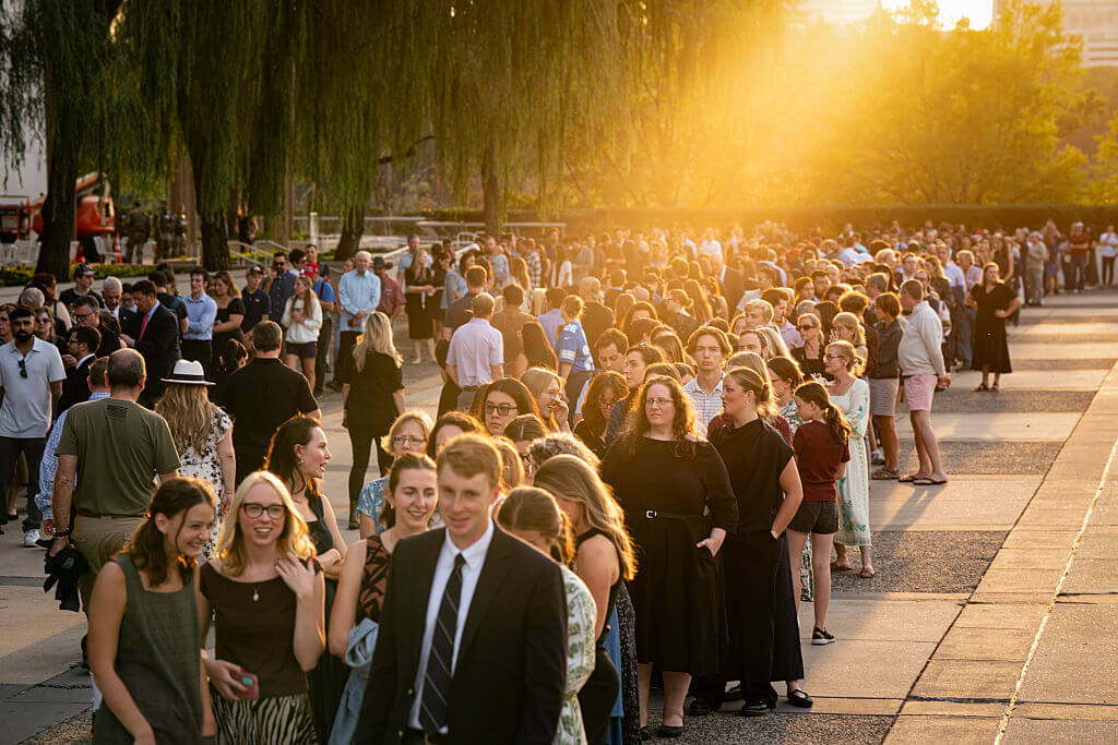 Thousands waited in line to attend a prayer vigil for Charlie Kirk at the Kennedy Center in Washington, D.C. on September 14, 2025.