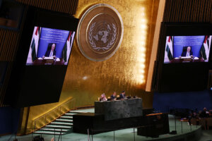 Palestinian Authority president Mahmoud Abbas speaks over a video link at a United Nations (UN) General Assembly meeting being organized by France and Saudi Arabia in support of a two-state solution between Palestine and Israel in New York City.  