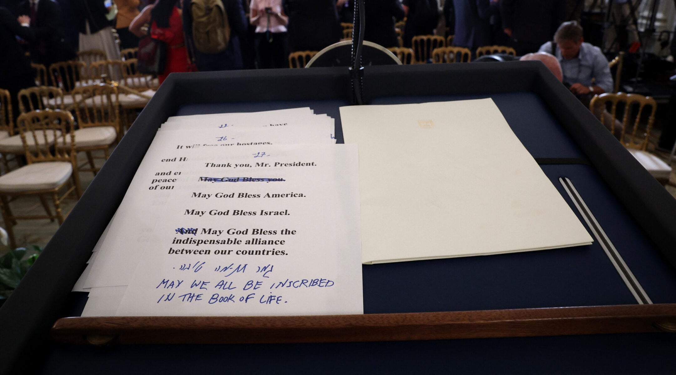 Israeli Prime Minister Benjamin Netanyahu's speech is seen on a podium following a joint press conference between him and U.S. President Donald Trump at the White House, Sept. 29, 2025.