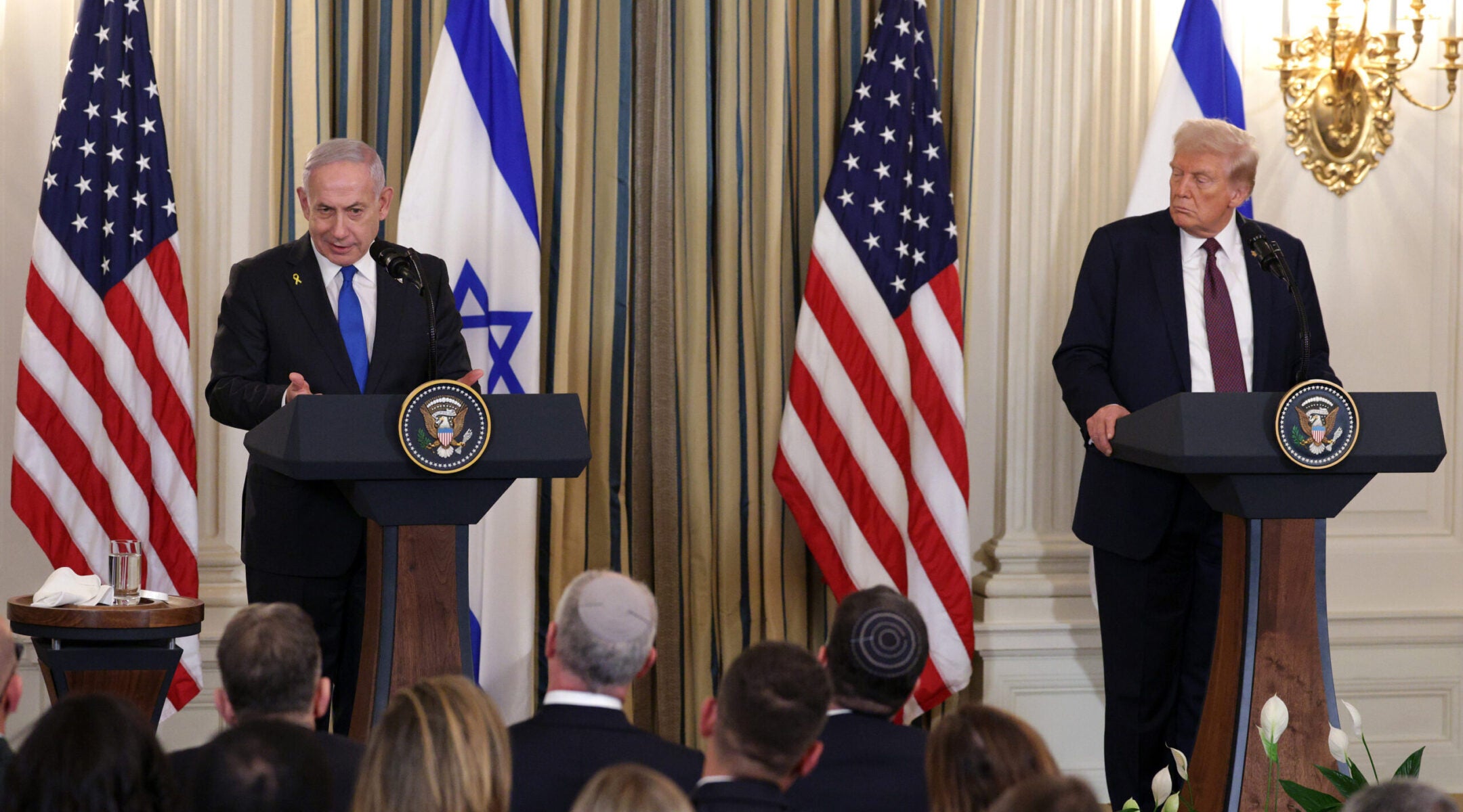 Israeli Prime Minister Benjamin Netanyahu and U.S. President Donald Trump hold a joint news conference in the State Dining Room at the White House on Sept. 29, 2025 in Washington, D.C. (Alex Wong/Getty Images)