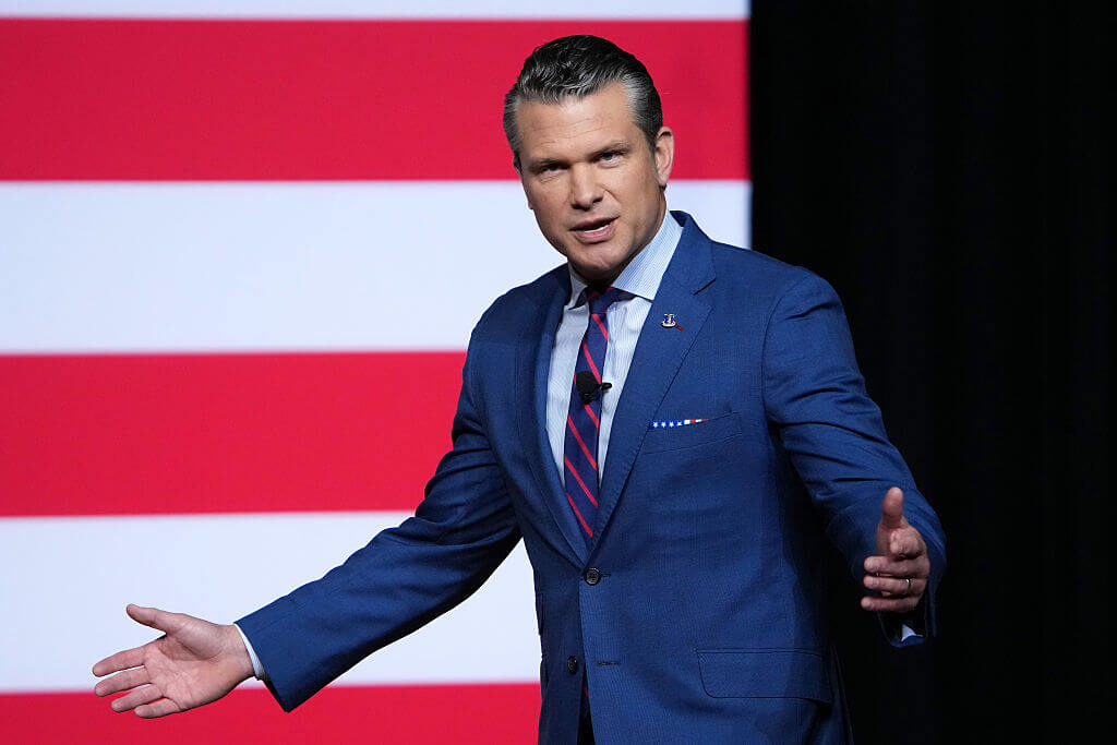 Pete Hegseth speaks to senior military leaders at Marine Corps Base Quantico on September 30, 2025 in Virginia. 