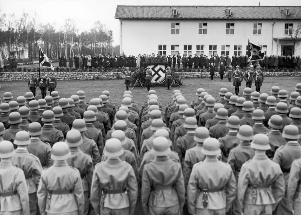 German recruits to a Luftwaffe Luftnachrichten (signals) unit sing the Horst Wessel Song at their swearing-in ceremony at the newly-opened Luftkriegsschule Berlin-Gatow in Gatow, south-west Berlin, 25th April 1936. 