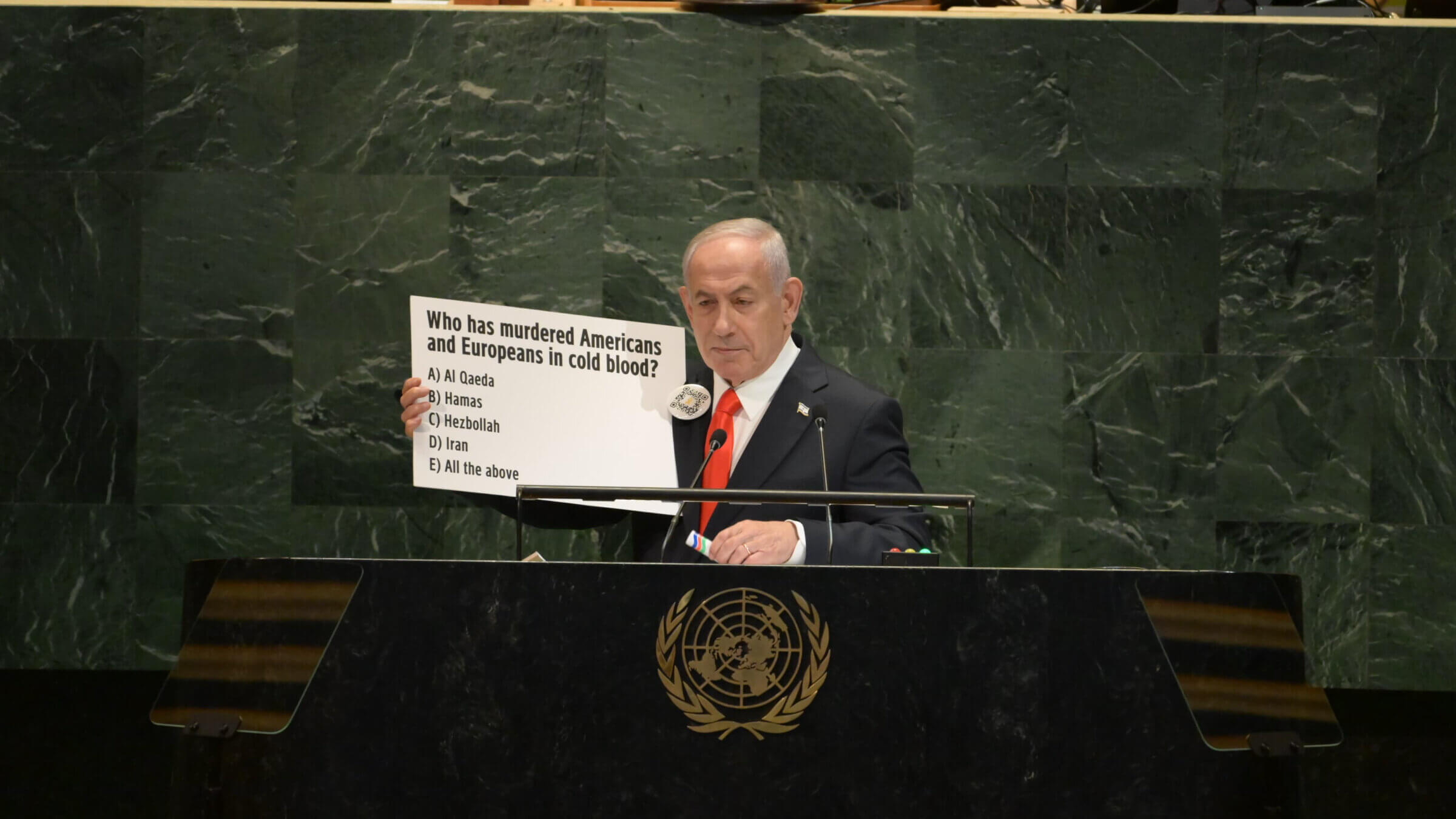 Israeli Prime Minister Benjamin Netanyahu speaks during the United Nations General Assembly in New York City.