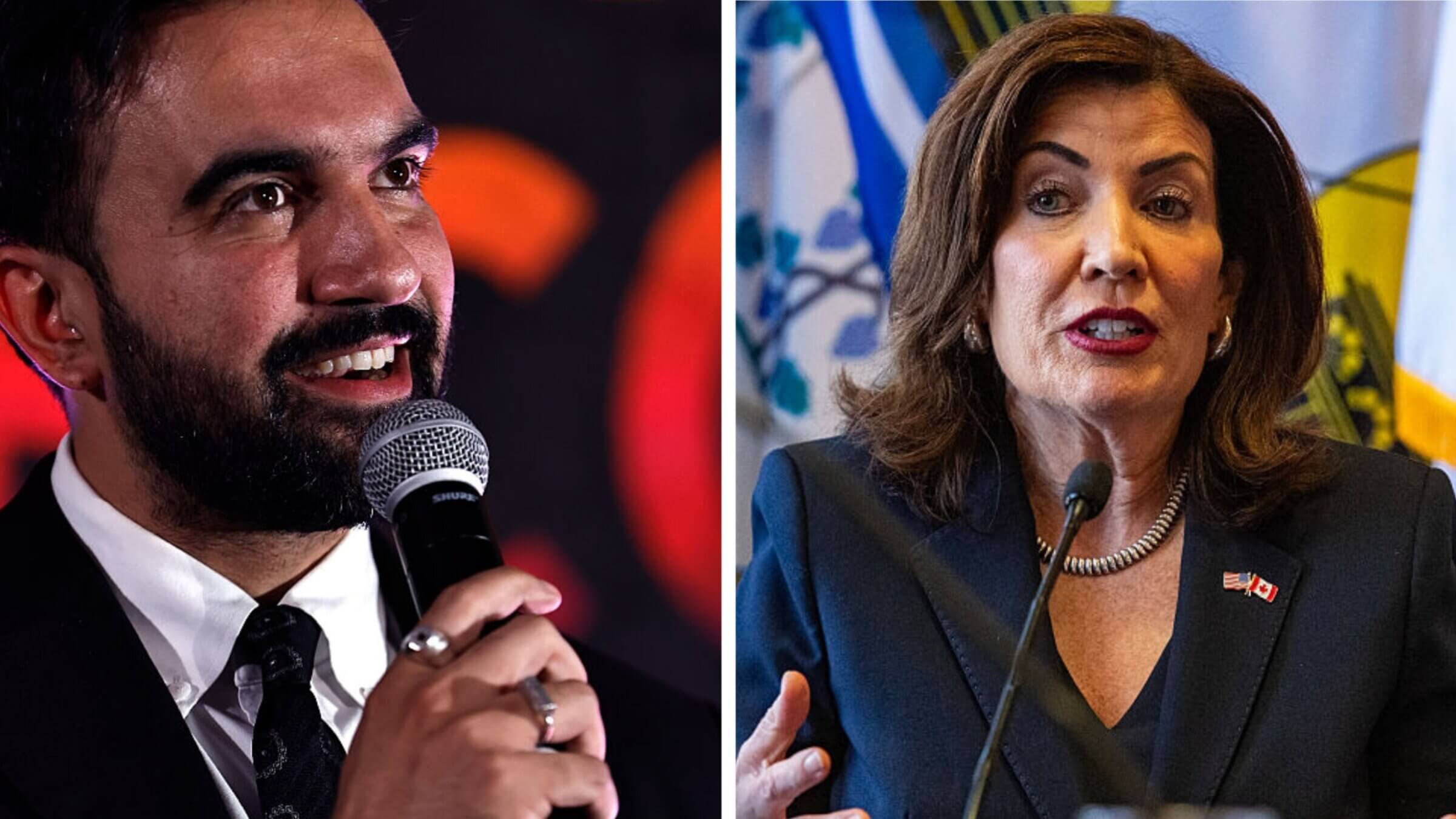 L to R (collage photo): NYC mayoral candidate Zohran Mamdani and New York Gov. Kathy Hochul.