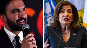 L to R (collage photo): NYC mayoral candidate Zohran Mamdani and New York Gov. Kathy Hochul.  