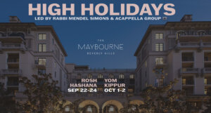 An advertisement for High Holiday services at the Maybourne, a luxury hotel in Beverly Hills that is owned by Qatari royals.