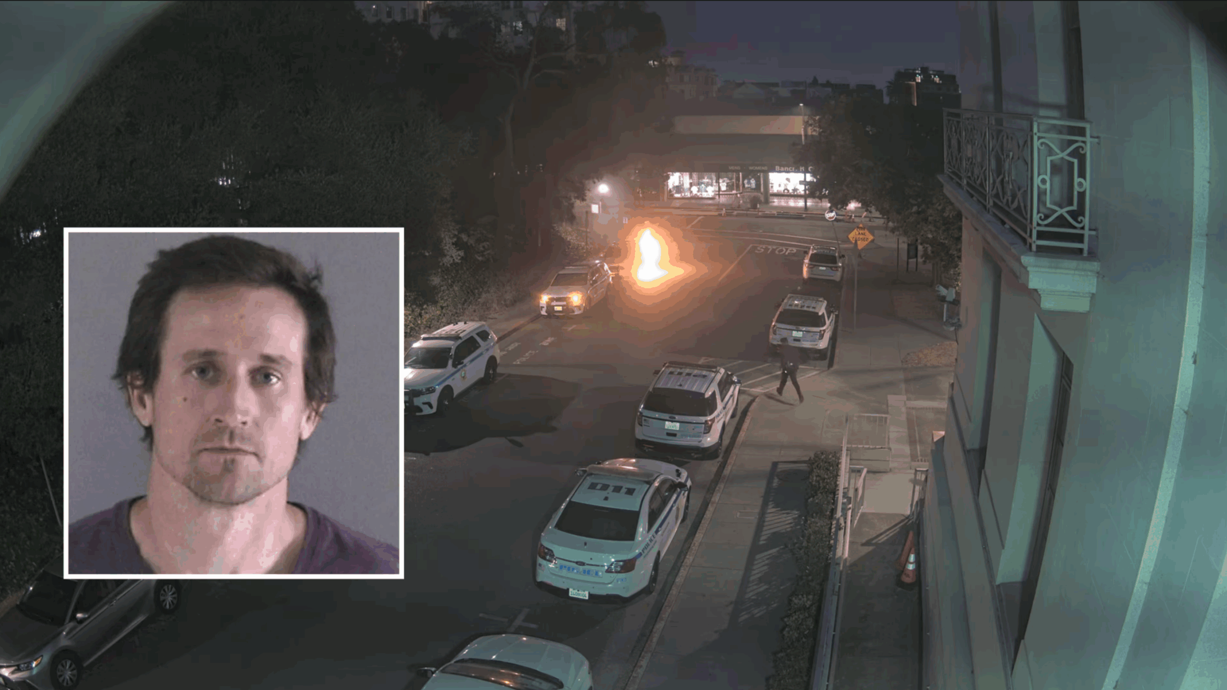 Casey Goonan, inset, pled guilty to setting a June 2024 fire that burned a Berkeley, California, police car. 