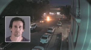 Casey Goonan, inset, pled guilty to setting a June 2024 fire that burned a Berkeley, California, police car. 