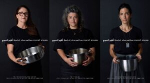 Michal Waxmanm (left), Tamar Cohen Tzedek (middle) and Noa Levi (right) pose for a campaign protesting starvation in Gaza by Israeli fashion brand Comme Il Faut. 