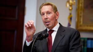 Oracle co-founder Larry Ellison speaks during a news conference with U.S. President Donald Trump in the Roosevelt Room of the White House on January 21, 2025 in Washington, DC.