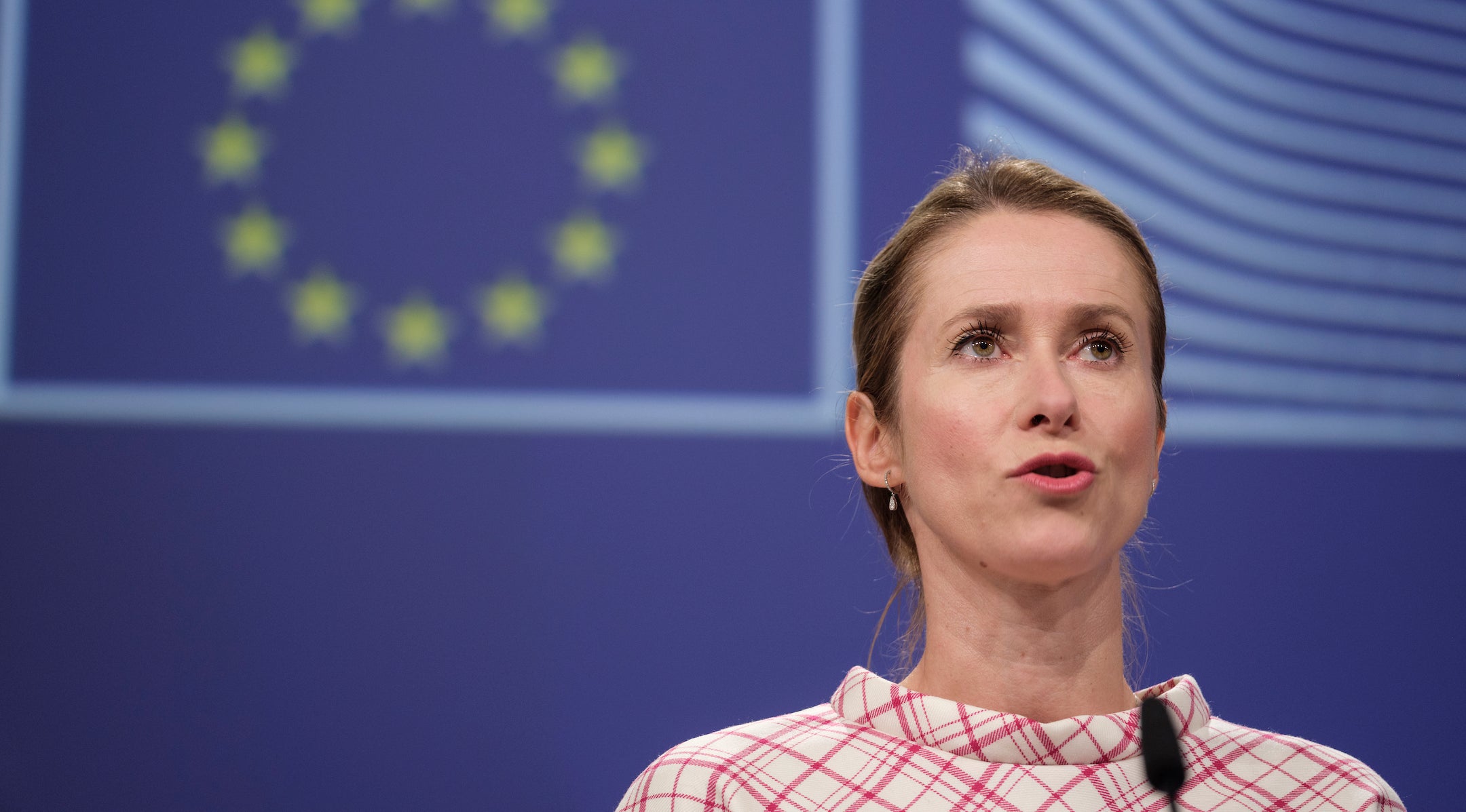 EU foreign policy chief Kaja Kallas talks to the media on September 17 in Brussels about a proposal to impose sanctions on Israel as a response to the Gaza conflict.