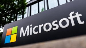 The Microsoft logo can be seen on the Microsoft Deutschland GmbH headquarters building in Munich.