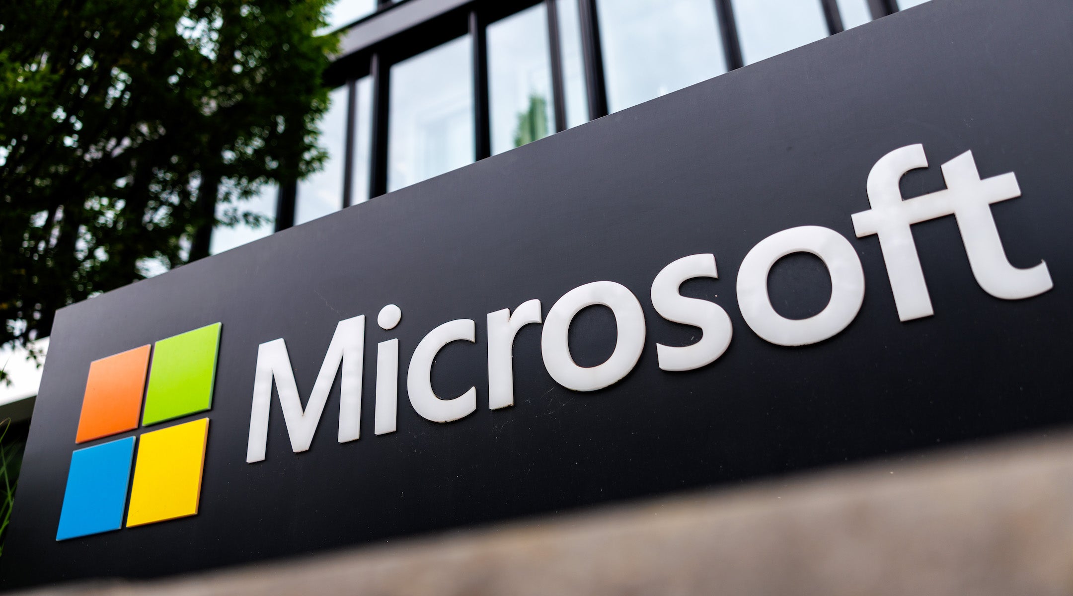 The Microsoft logo can be seen on the Microsoft Deutschland GmbH headquarters building in Munich.