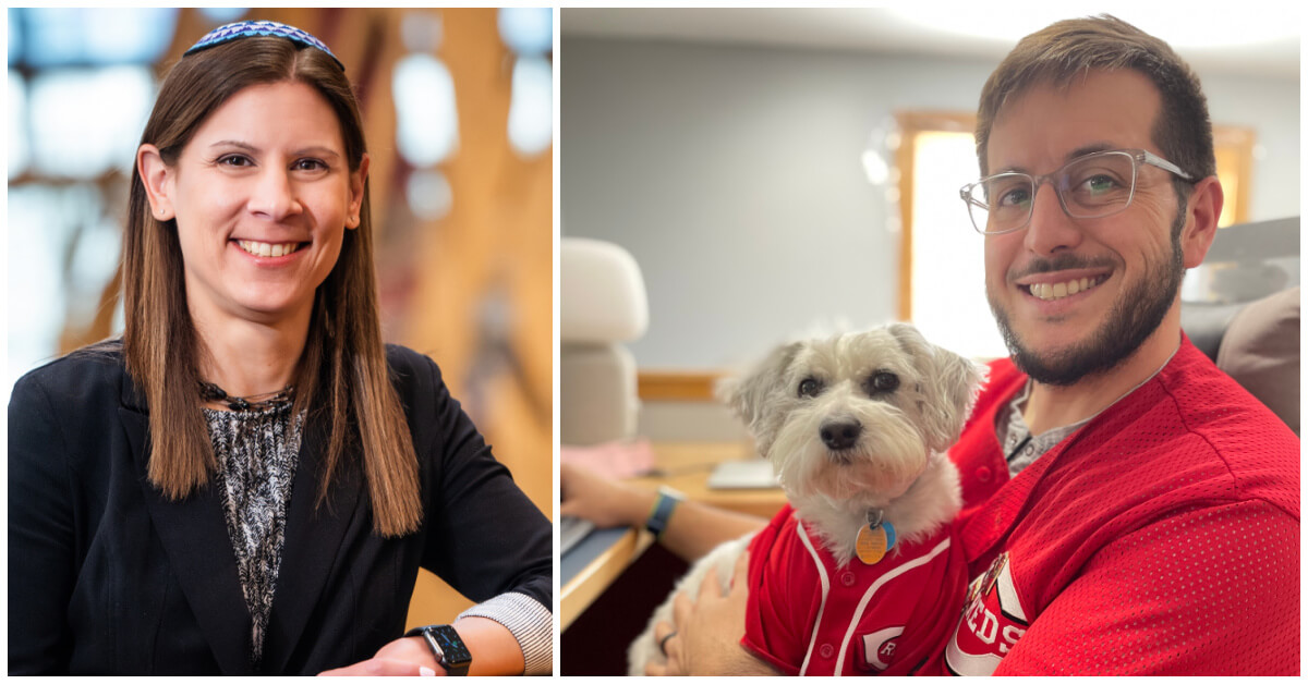 Rabbi Jennifer Frenkel, senior rabbi of Congregation Kol Ami in Cherry Hill, New Jersey; Rabbi Chase Foster, of Temple Kol Emeth in Marietta, Georgia, and his dog Griffey.
