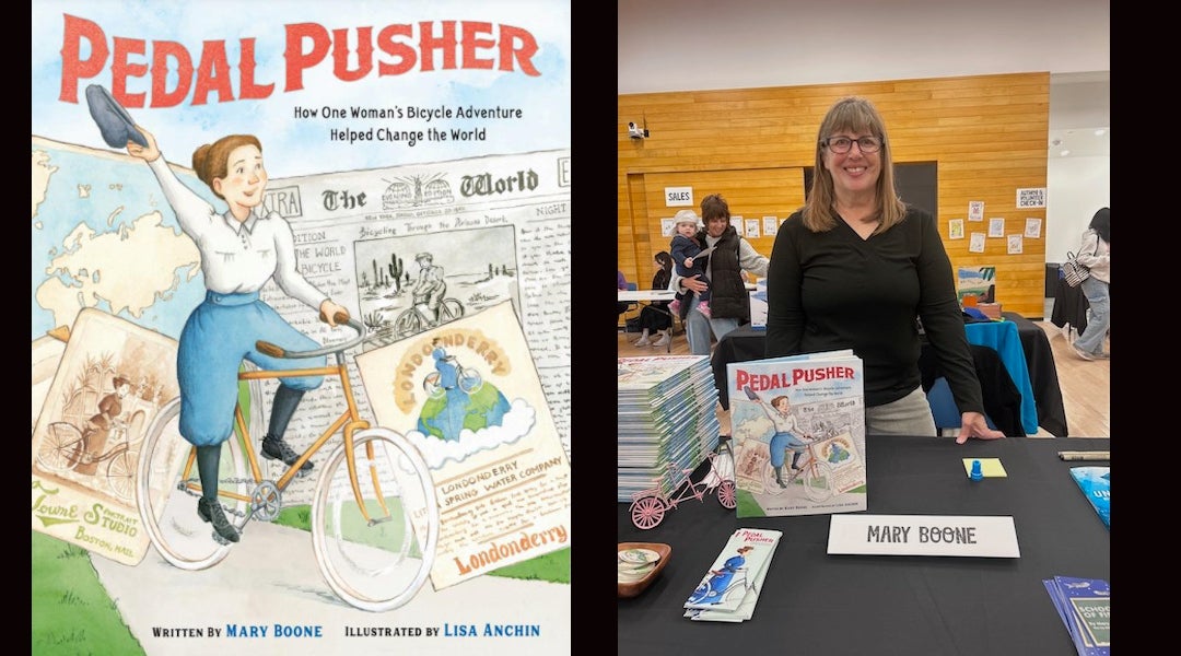 The cover of “Pedal Pusher” by Mary Boone; the author at a book fair. 