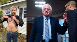 (L-r) Maine Democratic Senate hopeful Graham Platner alters his chest tattoo so it no longer resembles a Nazi symbol, Oct. 22, 2025; Vermont Sen. Bernie Sanders on Capitol Hill, Sept. 9, 2025.