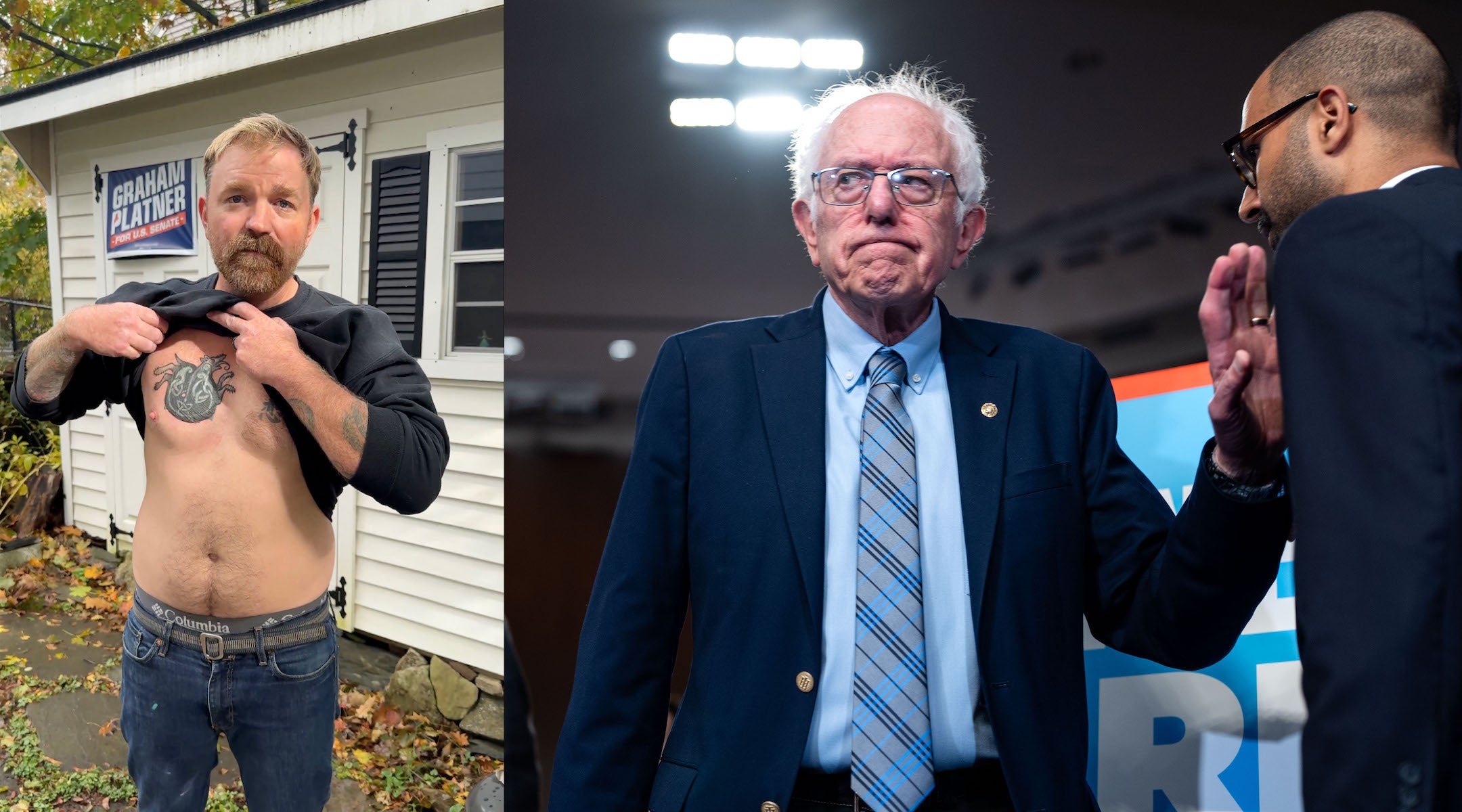 (L-r) Maine Democratic Senate hopeful Graham Platner alters his chest tattoo so it no longer resembles a Nazi symbol, Oct. 22, 2025; Vermont Sen. Bernie Sanders on Capitol Hill, Sept. 9, 2025.