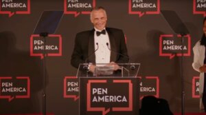 Wesleyan University president Michael Roth accepts a free-speech award from PEN America for his comments criticizing the Trump administration’s campus crackdown, May 21, 2025.