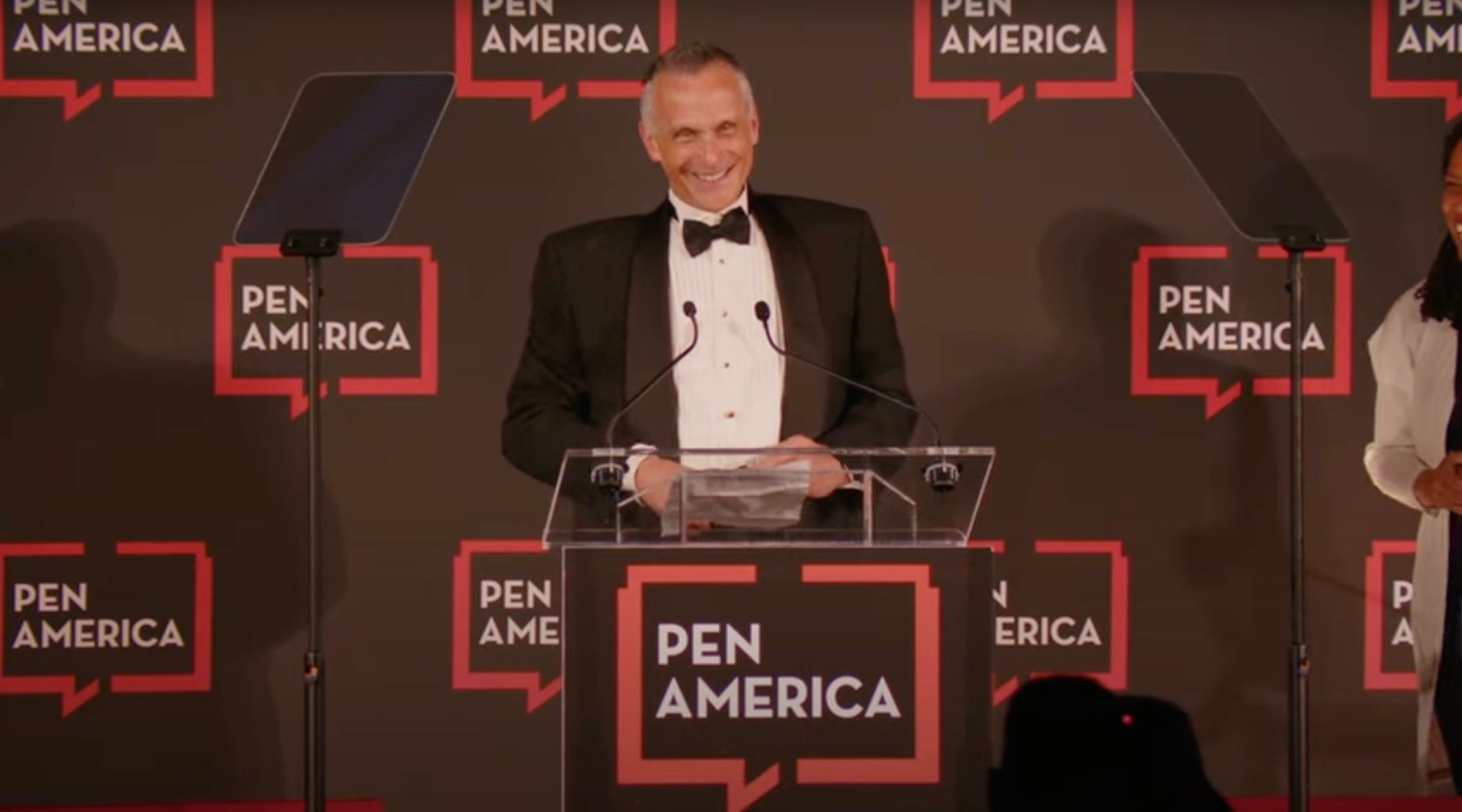 Wesleyan University president Michael Roth accepts a free-speech award from PEN America for his comments criticizing the Trump administration’s campus crackdown, May 21, 2025.