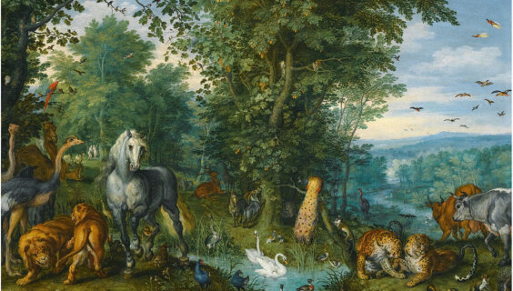 On Simchat Torah, Jews complete the Torah reading cycle and go back to the first chapter — Genesis. Above: "The Garden of Eden with the Fall of Man," painted by Jan Brueghel the Elder, 1613.