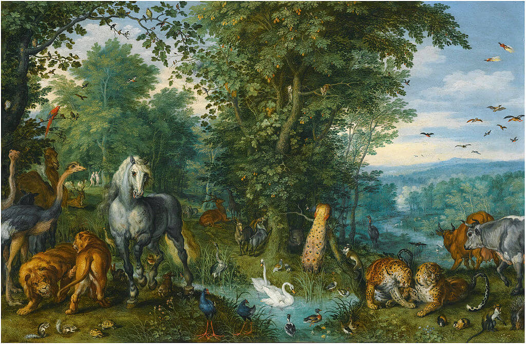 On Simchat Torah, Jews complete the Torah reading cycle and go back to the first chapter — Genesis. Above: "The Garden of Eden with the Fall of Man," painted by Jan Brueghel the Elder, 1613.
