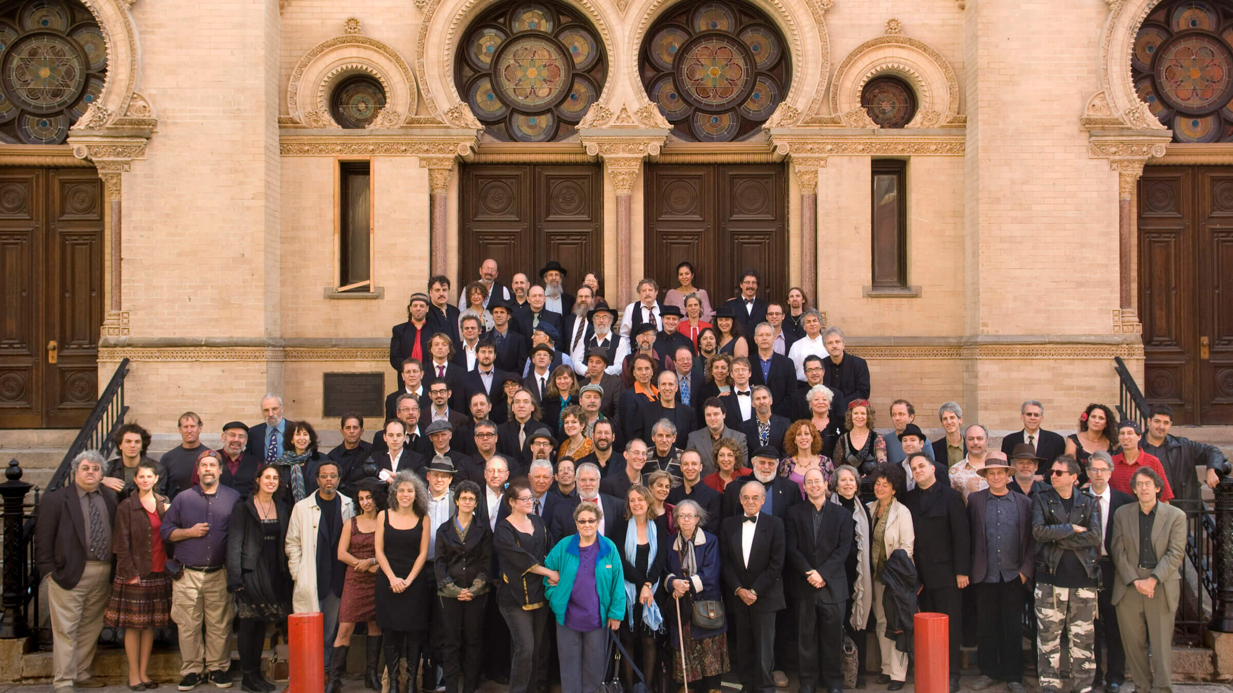 America's Klezmer Revivalists pose in front of the Eldridge Street Synagogue, New York City, Oct. 12, 2007