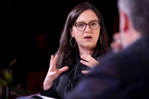 Bari Weiss (pictured) interviewing  Sen. Ted Cruz at a Jan. 2025 event.