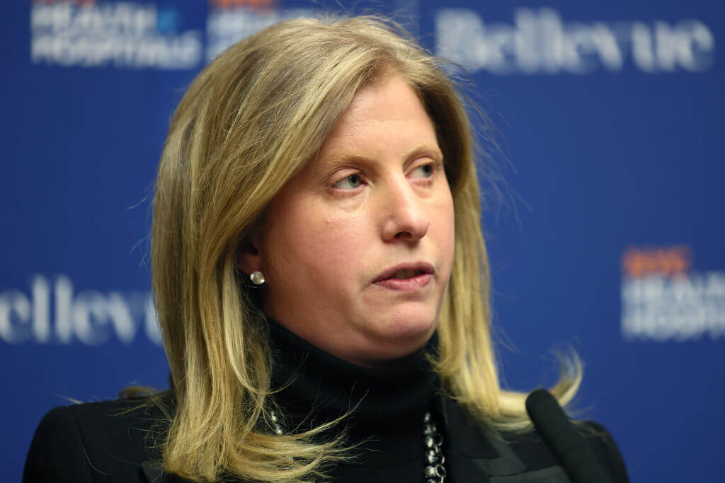 NYPD Commissioner Jessica Tisch speaks during a press conference with NYC Mayor Eric Adams at Bellevue Hospital Center on February 18, 2025 in New York City.