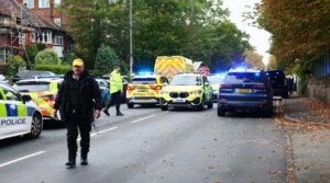 Police and ambulance services seen near Heaton Park Hebrew Congregation synagogue in Crumpsall, north Manchester, England, Oct. 2, 2025. (Paul Currie / AFP / via Getty Images)