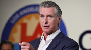 California Governor Gavin Newsom speaks at Belvedere Middle School in Los Angeles, Calif. on Oct. 8, 2025. 