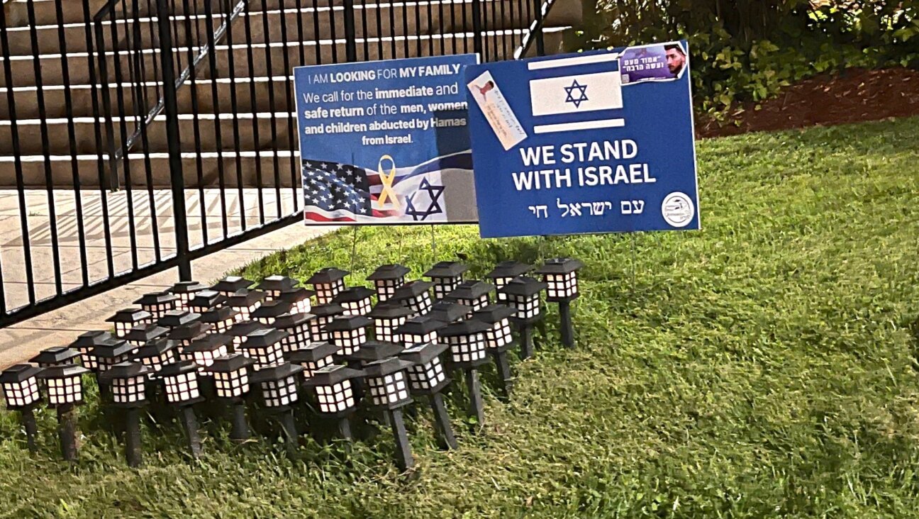A synagogue in Teaneck, New Jersey displays lanterns representing the hostages still alive in Gaza and the bodies of those who are also slated to be returned under a deal between Israel and Hamas, Oct. 8, 2025. 
