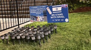 A synagogue in Teaneck, New Jersey displays lanterns representing the hostages still alive in Gaza and the bodies of those who are also slated to be returned under a deal between Israel and Hamas, Oct. 8, 2025. 