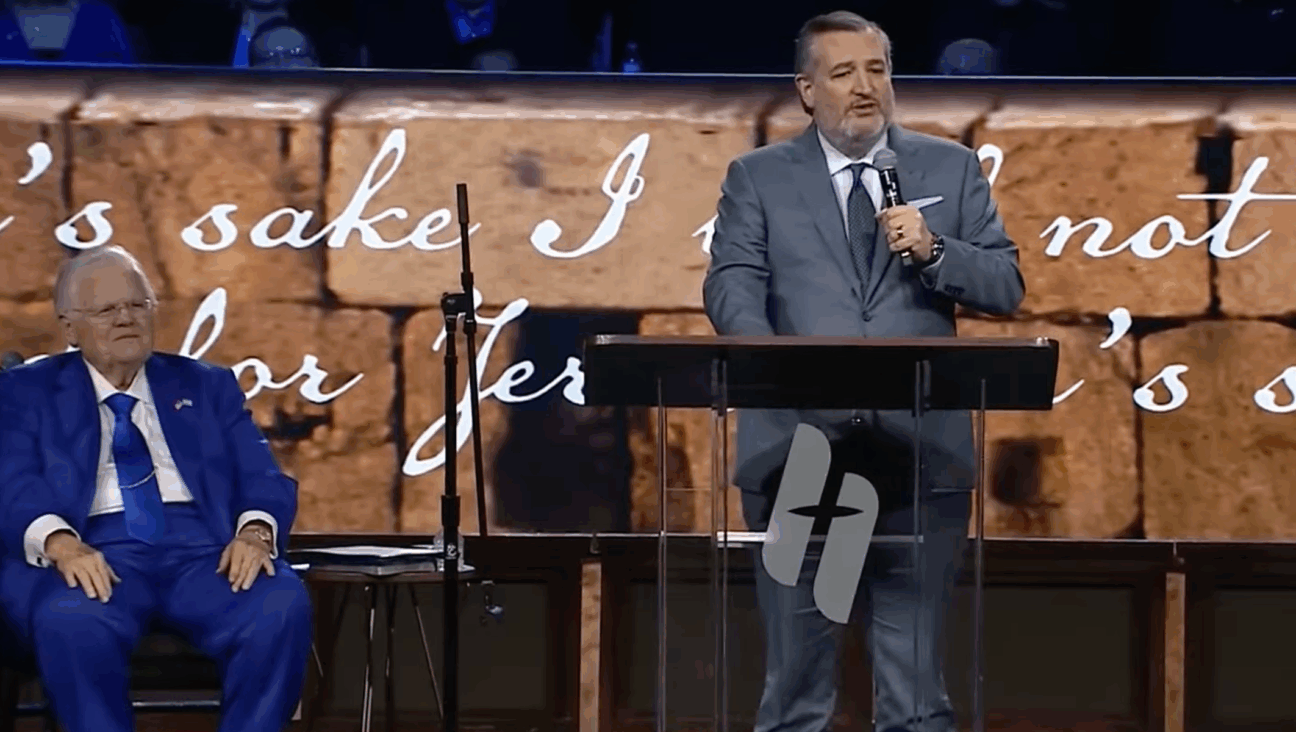 Sen. Ted Cruz speaks at Cornerstone Church in San Antonio as John Hagee looks on during the “Night to Honor Israel,” Oct. 21, 2025. 
