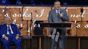 Sen. Ted Cruz speaks at Cornerstone Church in San Antonio as John Hagee looks on during the “Night to Honor Israel,” Oct. 21, 2025. 
