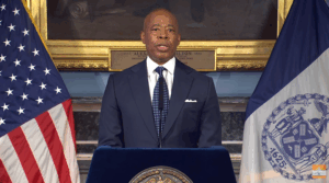 New York City Mayor Eric Adams delivers an address in City Hall on Oct. 30, 2025. 