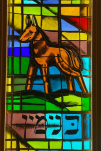 A pane of glass highlighting the tribe of Benjamin. It once stood at a synagogue in Michigan, but when that congregation closed, it was moved to Illinois.