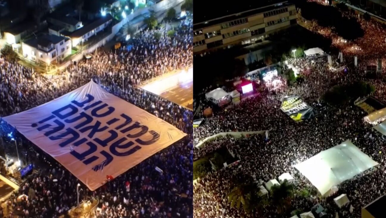 An artificial intelligence clip of Israelis celebrating the release of the hostages (left) alongside a clip of Hostage Square in Tel Aviv (right) in Yoni Bloch’s new music video. 