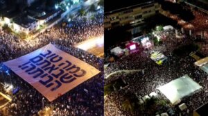 An artificial intelligence clip of Israelis celebrating the release of the hostages (left) alongside a clip of Hostage Square in Tel Aviv (right) in Yoni Bloch’s new music video. 