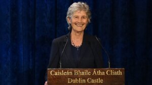 Irish president-elect Catherine Connolly addresses the audience at the official declaration at Dublin Castle on October 25, 2025 in Dublin, Ireland.