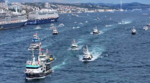 An aerial view shows boats sailing on the sea during a march organized by the Humanitarian Relief Foundation (IHH) and the Palestine Support Platform, in Istanbul, Turkiye, in support of the Freedom Flotilla, which set sail to break the Israeli blockade and oppose the ongoing siege in Gaza, on October 5, 2025. 